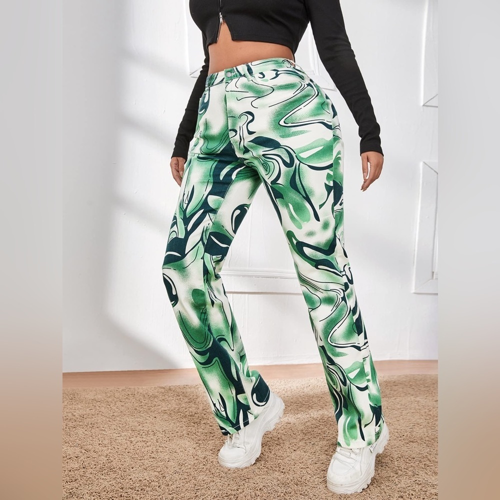 SHEIN Green White Swirl Patterned Straight Leg Jeans Size 28